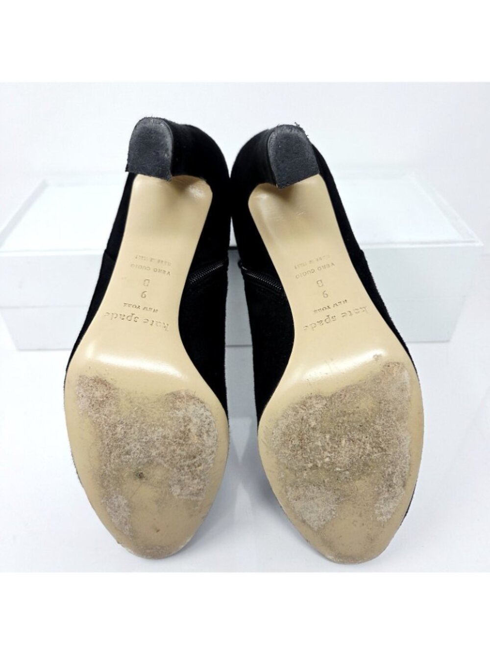 Kate Spade Aldaz Ankle Boots Womens 9 Black Suede Gold Bow Block Heel Booties - Picture 8 of 9